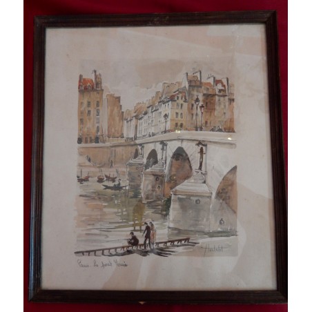 Franz Herbelot, litho aquarellée, " Paris - Le pont Marie "